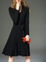 Black Pleated Long Sleeve Plain Cotton Midi Dress