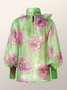 Elegant Stand Collar Knot Front Floral Lantern Sleeve  Blouse