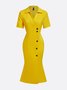 Elegant Plain Short Sleeve Buttoned Shawl Collar Midi Dress
