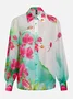 Vacation Floral Printing Shirt Collar Balloon Sleeve Shirt