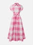 Casual Plaid Printing Raglan Sleeve Shirt Collar Midi Dress With Belt