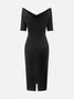 Elegant Plain Mesh Split Joint Cold Shoulder Knee Length Dress