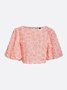Urban Plain 3D Floral Crew Neck Puff Sleeve Blouse