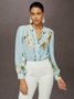 Elegant Floral Printing Stand Collar Balloon Sleeve Chiffon Blouse