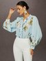 Elegant Floral Printing Stand Collar Balloon Sleeve Chiffon Blouse