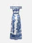 Elegant Color Block Printing Maxi Dress
