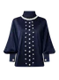 Satin Elegant Plain Imitation Pearls Mock Neck Balloon Sleeve Blouse