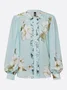 Elegant Floral Printing Stand Collar Balloon Sleeve Chiffon Blouse