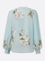 Elegant Floral Printing Stand Collar Balloon Sleeve Chiffon Blouse
