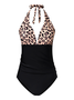 Simple Leopard Printing V Neck One Piece Swimsuit