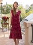 Wine Red Daily Floral-Embroidered Midi Dress