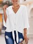 White V Neck Solid Casual Top