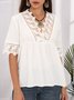 White Solid Holiday Short Sleeve Lace Top