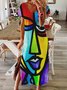 Short Sleeve Shift Casual Abstract Color-Block Maxi Dress