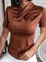 Cowl Neck Solid Short Sleeve Sheath Lady Top