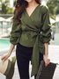 V Neck Long Sleeve Solid Shift Daily Top