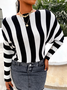 Fall A-line Crew Neck Simple Long Sleeve Color-block Sweater