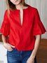 V Neck Solid Holiday Frill Sleeve Blouse
