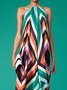 Vacation Geometric Halter Color Block  Sleeveless Dress