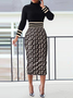High Elasticity Stand Collar Long sleeve Tight Geometric Elegant Midi Dress
