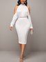 Tight Stand Collar Elegant Plain Midi Long sleeve Medium Elasticity Dress