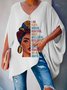 Plus Size Batwing Sleeve Urban V Neck  Loose Abstract Figure Shirt