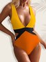 Casual Printing Color Block V Neck One-Piece