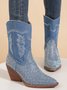Blue Denim Rhinestone Embellishment Pointed Toe Cowboy Boots
