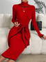 Color Block Tight Elegant Long Sleeve Sweater Midi Dress With Belt