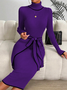 Tight Color Block Elegant Turtleneck Sweater Midi Dress With Belt