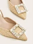 Elegant Imitation Pearl Buckle Straw Pyramid Heeled Slingback Sandals