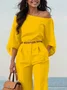 Urban Plain Irregular Craftsmanship One Shoulder Balloon Sleeve Blouse