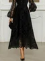 Elegant Buttoned Balloon Sleeve Lace Mock Neck Midi Dress