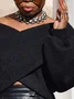 Casual Plain V Neck Off Shoulder Sleeve Sweater