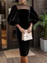 Velvet Elegant Plain Balloon Sleeve Split Joint Crew Neck Midi Dress