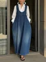 Casual Plain Distressing U-Neck Denim Maxi Dress