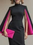 Elegant Color Block Split Sleeves  Stand Collar Midi Dress