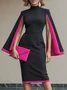 Elegant Color Block Split Sleeves  Stand Collar Midi Dress