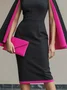 Elegant Color Block Split Sleeves  Stand Collar Midi Dress
