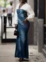 Urban Plain Distressing Strapless Denim Maxi Dress With No Shirt