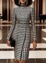 Elegant Houndstooth Printing Mock Neck Knee Length Dress