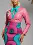 PU Elegant Color Block Split Joint Stand Collar Faux Leather Top