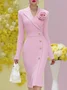 Elegant Plain Lapel Collar Knee Length Sweater Dress With 3D Floral Brooch