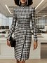 Elegant Houndstooth Printing Mock Neck Knee Length Dress