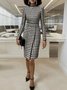 Elegant Houndstooth Printing Mock Neck Knee Length Dress