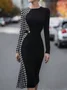 Elegant Houndstooth Split Joint Crew Neck Midi Dress