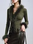 Elegant Plain Fur Collar V Neck Sweater