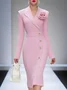 Elegant Plain Lapel Collar Knee Length Sweater Dress With 3D Floral Brooch