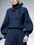 Casual Plain Bow Turtleneck Balloon Sleeve Sweater