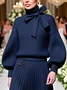 Casual Plain Bow Turtleneck Balloon Sleeve Sweater